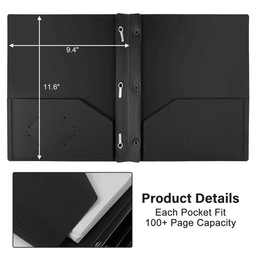 EEHZTSI 60-Pack Plastic Folders with Pockets and Prongs, 2-Pocket Folders with 3 Fasteners, Holds 8-1/2" x 11" Paper, Black