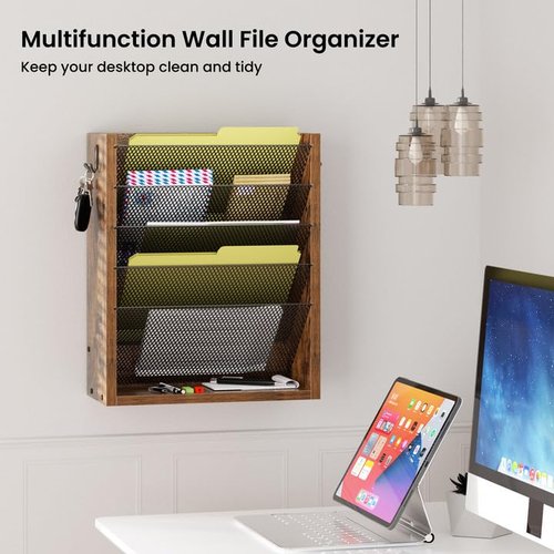 Creso hom Hanging Wall File Organizer, 6 Tier Wood Wall File Holder with 2 Hooks, Mail Organizer Wall Mounted with Bottom Flat Tray, Vertical Paper Desk Storage for Office, Home, Rustic Brown