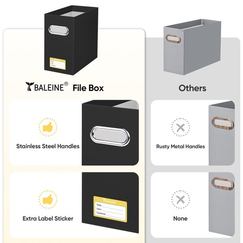 BALEINE File Organizer Box, Cardboard File Folder Organizer with Handle for Letter Size, Portable Collapsible Hanging Filing Box for Home Office Document Storage (4 Pack, Black)