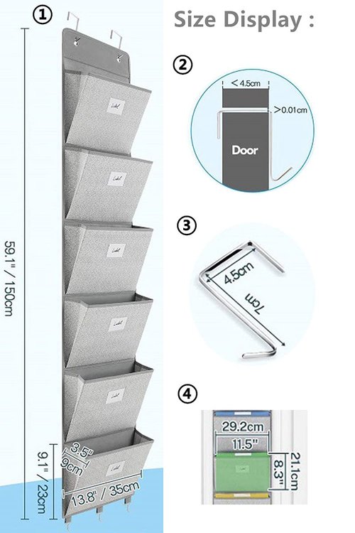 Geodurn Over The Door File Organizer - 6 Extra Large Pockets Hanging Wall Mounted Storage Files Holder Pocket Chart for Magazine, Notebooks, Planners, Mails etc. Office Home Supplies
