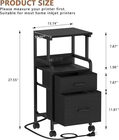 Korfile Printer Stand with Power Outlets & File Cabinet, Mobile Printer Table with 2 Drawers, 4 Tiers Multi-Functional Rolling Printer Cart with Wheels for Home Office, Living Room, Black