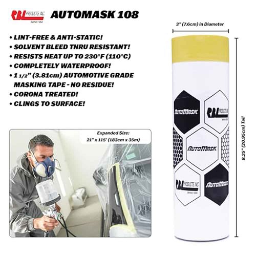 RBL 109 AutoMask 72” x 115’ Refill Roll – Pre-Taped, Lint-Free, Waterproof, Anti-Static Paint Masking Film – Heat & Solvent Resistant