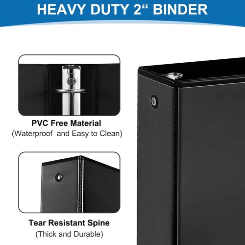 2 Inch 3-Ring Binder, 2" Round Ring Binder with 2 Inside Pockets, 6 Pack Black Binders, Clear View Cover, Holds Up to 450 Sheets 8.5" x 11" Paper,Study Binders for Office/Home/Back to School