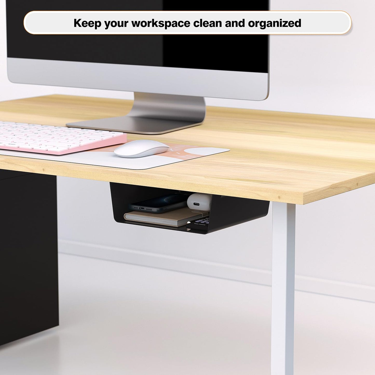 1 Pack Adhesive Under Desk Hanging Shelf Mount Drawer Organizer, Attachable Plastic Under Desk Storage Tray for Standing Desks, Tables, Workstations, Gaming, Cabinet, Increase Storage Space - Black