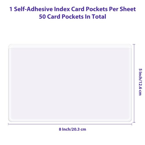 TOTiyea 50 Pack Clear Adhesive Pockets for Index Card Sleeves and Planners, Top Loading,Plastic Label Holder for Note Cards (5x8 Inches)