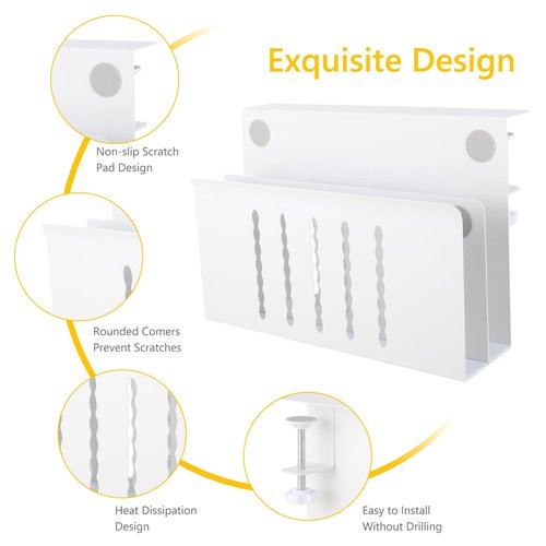 Henitol 2 TIER Desk Side Storage Upgraded Under Desk Organizer, No Drill Hanging Laptop Holder Under Desk, Clamp-On Table Side Tray Steel Desktop Organization for Office and Home (White)