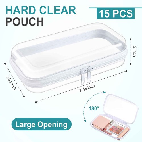 Qiyaz 15 Pcs Clear Hard Shell Zipper Case Plastic Bins Transparent Double Zippers Hard Pouch Clear Plastic Storage Box Containers for Building Blocks Cosmetics, Puzzles(7.5 x 4 Inches)