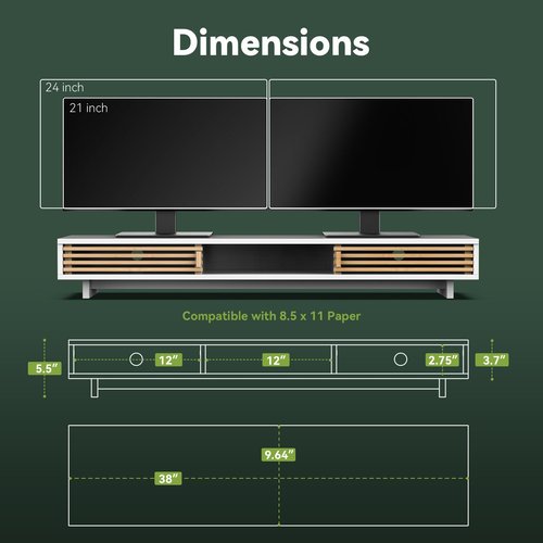 WELL WENG Dual Monitor Stand Riser with Sliding Door, Double Computer Laptop Stand Desk Shelf Organizer with Storage (White + Natural Bamboo, 38 Inch)
