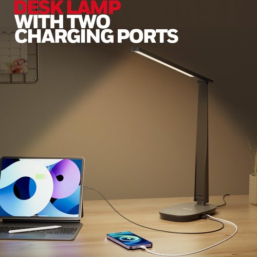 HONEYWELL LED Desk Lamp - HWT-H2 Sunturalux™ Eye-Caring Foldable Desk Light with USB A+C Dual Charging Port 4 Color Modes Dimmable Table Lamp for Home Office Bedroom Reading Study Work - Black
