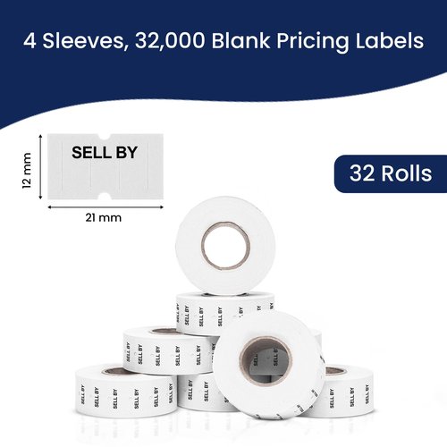 Perco 1 Line "SELL BY" Labels - 32 Rolls, 4 Sleeves, 32,000 Blank Date Gun Labels for Perco 1 Line Date Guns - Made in USA