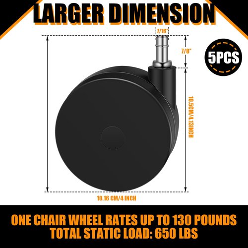 CroBlissful 5 Pcs 4'' Extra Large Chair Wheels for Carpet Heavy Duty Office Twin Chair Casters Replacement 7/16 x 7/8 Grip Ring for Furniture Hardwood Floor Computer Desk Safe Rotating Wheels(Black)