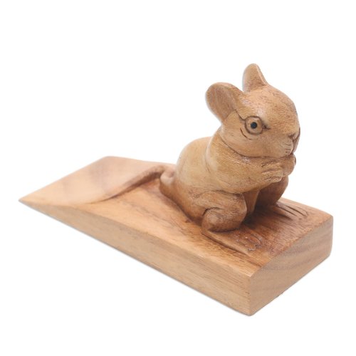NOVICA Brown Hand Carved Suar Wood Mouse Door Stopper, 'Charming Mouse In Brown'