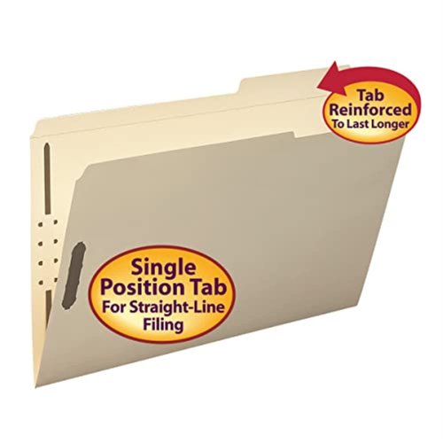 Smead 19587 Fastener File Folder, 2 Fasteners, Reinforced 2/5-Cut Tab Right Position, Guide Height, Legal Size, Manila, 50 per Box (19587)