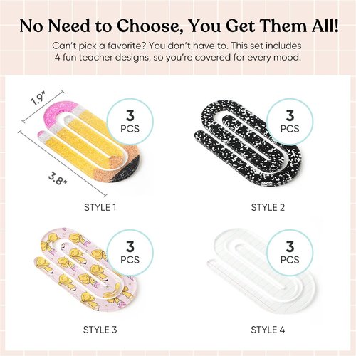 YOPPIX 12 Pcs Jumbo Teacher Acrylic Paper Clips Teacher Appreciation Gift Cute Penci Paperclip Design for Office Classroom Bookmark Gift Book Lovers, Back to School Supplies