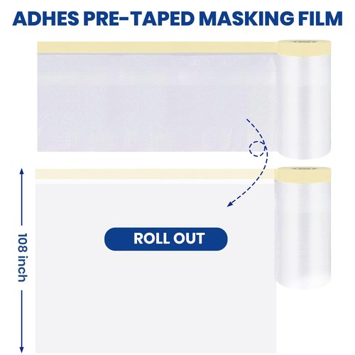 ADHES Pre-Taped Masking Film,2600MM*33M, Dust-Proof & Tear-Resistant Protective Film for Furniture, Appliances, and Automotive Paint Protection