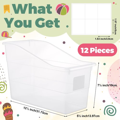 Suzile Book Bins with Labels Linking Storage Bins Folder Magazine File Holder Interlocking Plastic Book Organizer Container for Office Classroom Home(Clear Colors,12 Pcs)