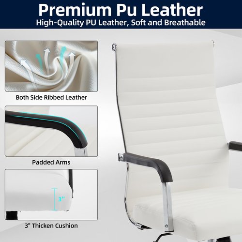 Haranuo Office Chair, Ergonomic Executive Conference Room Chairs, Ribbed Leather Desk Chair with Lumbar Support, Adjustable Height Mid-Back Swivel Chair (Square Tube Armrests, White)