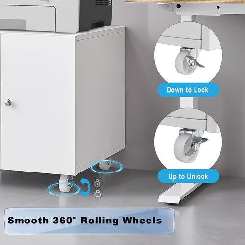 FURSTEL Home Office Printer Stand with Storage - Mobile on Wheels Printer Cabinet, File Cabinet with Door & Adjustable Shelf, White, Compatible with Printer, Scanner, Fax, Computer