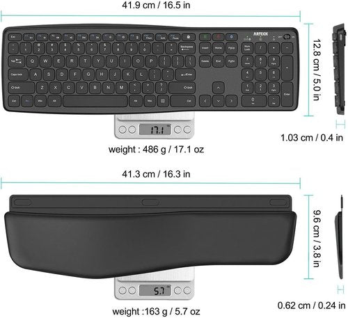 Arteck Wireless Bluetooth Keyboard - Comfortable Full Size with Palm Wrist Rest | USB-A & USB-C Compatible for Windows, iPad, Android, PC