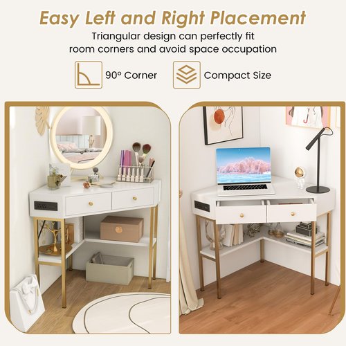 Giantex Corner Desk with Charging Station, 90 Degree Triangle Computer Desk with 2 Drawers & Storage Shelf, L-Shaped Writing Desk Makeup Vanity Table, Compact Corner Desk for Small Spaces (White)