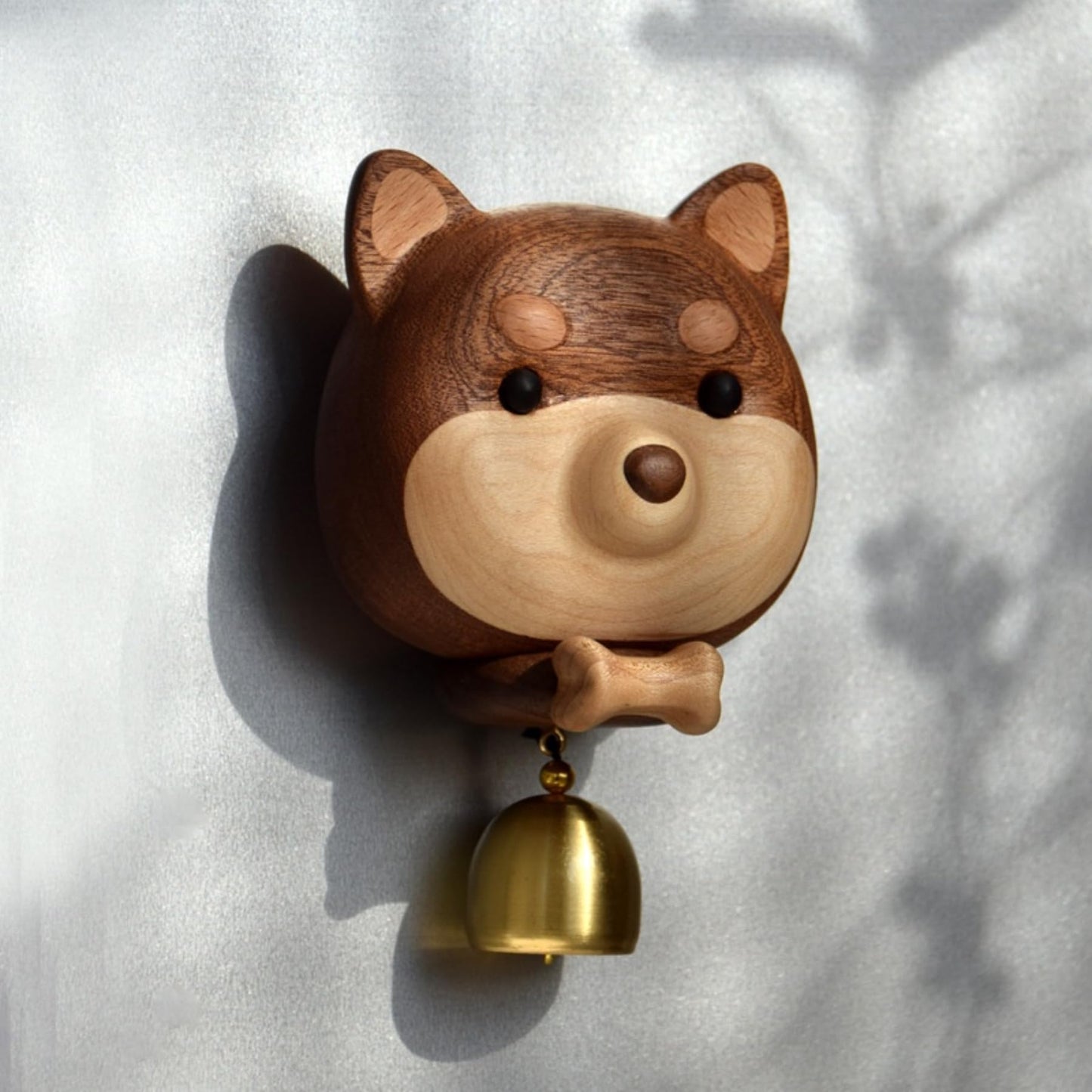 NADEnVIE Shiba Dog Shape Wooden Door Bell - Black Walnut Cartoon Doorbell - Dopamine Wind Chime Suction Ornament - WoodyBeing Shopkeepers Bell for Door Opening
