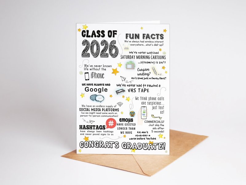 Katie Doodle 2026 Graduation Card - (Made in USA) - Funny High School Graduation Cards 2026, Class-of-2026 Cards (5x7 inch, Blank Inside) - Grad Gifts for Her, Him (Handmade) - Includes Envelope