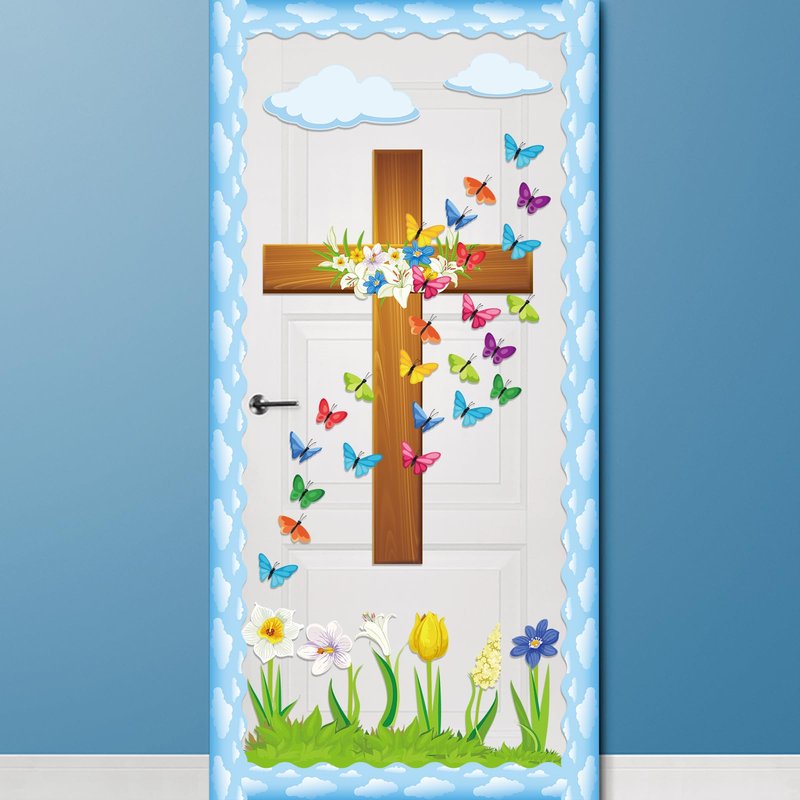 Easter Spring Bulletin Board Decoration Set He Lives Floral Cross Bulletin Board Borders Easter Butterfly Paper Cutouts Easter Christian Jesus Bulletin Boarder for Easter Spring School Classroom Decor