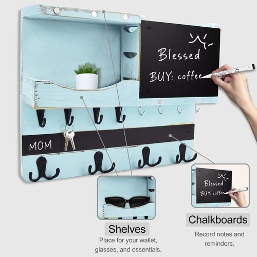 HEKOOLA Key Holder for Wall Mount, Farmhouse Mail and Key Holder for Wall Hanger with Various Hooks, Home Decor Rack with Chalkboard and Shelf(Pine Wood,Blue)