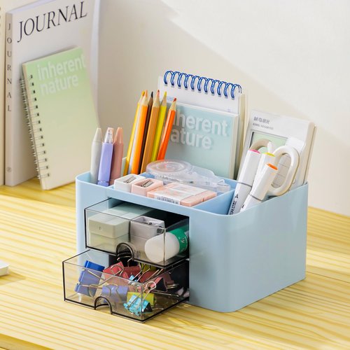 Moikiwi 2PCS Desk Organizer with 2 Drawers, Office Supplies Organizer, Cute Desk Accessories with Plastic, Pen Holder, Blue