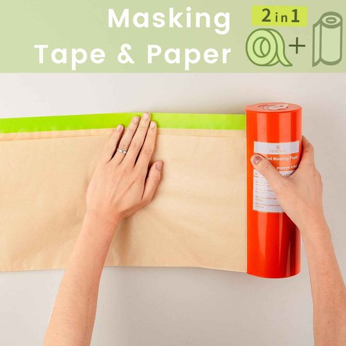 Tangibay Pre-Taped Masking Paper with Dispenser - 18" x66' Painters Paper & Tape Attached for Painting House, Automotive Paint Masking Paper Roll for Windows, Cars, Auto-Body (2 Dispensers 8 Refills)