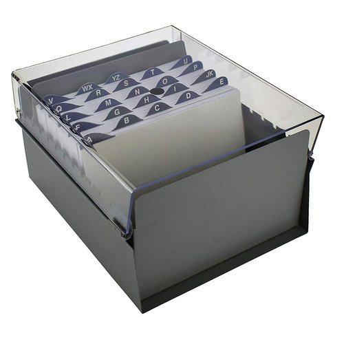 Acrimet 5 X 8 Card File Holder Organizer Box Metal Base Heavy Duty (AZ Index Cards and Divider Included) (Gray Color with Clear Crystal Plastic Lid Cover)