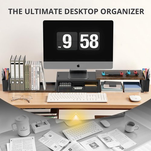 OPNICE Dual Monitor Stand Riser - Desk Organizer with Drawer & 2 Pen Holders | Rustic Brown Wood