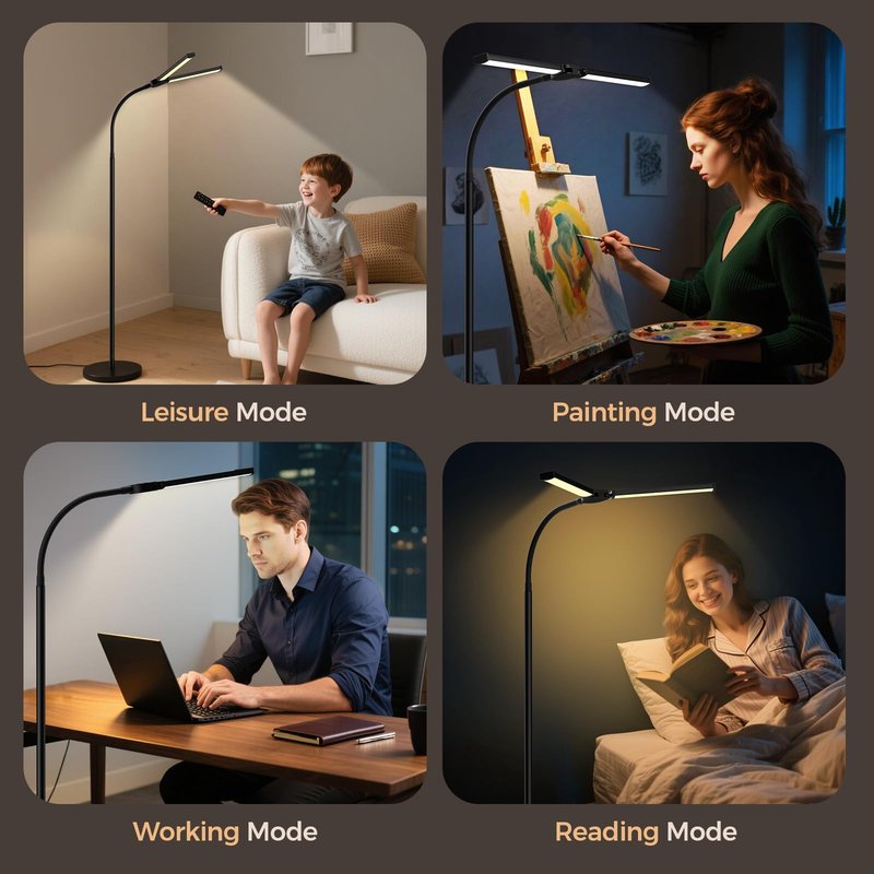LED Floor Lamp for Living Room, Bright Reading Lamps for Office, Adjustable Colors Temperatures&Brightness, Dual Head Goose-neck Standing Lamp, Remote and Button Control, Eye-Caring Tall Lamp