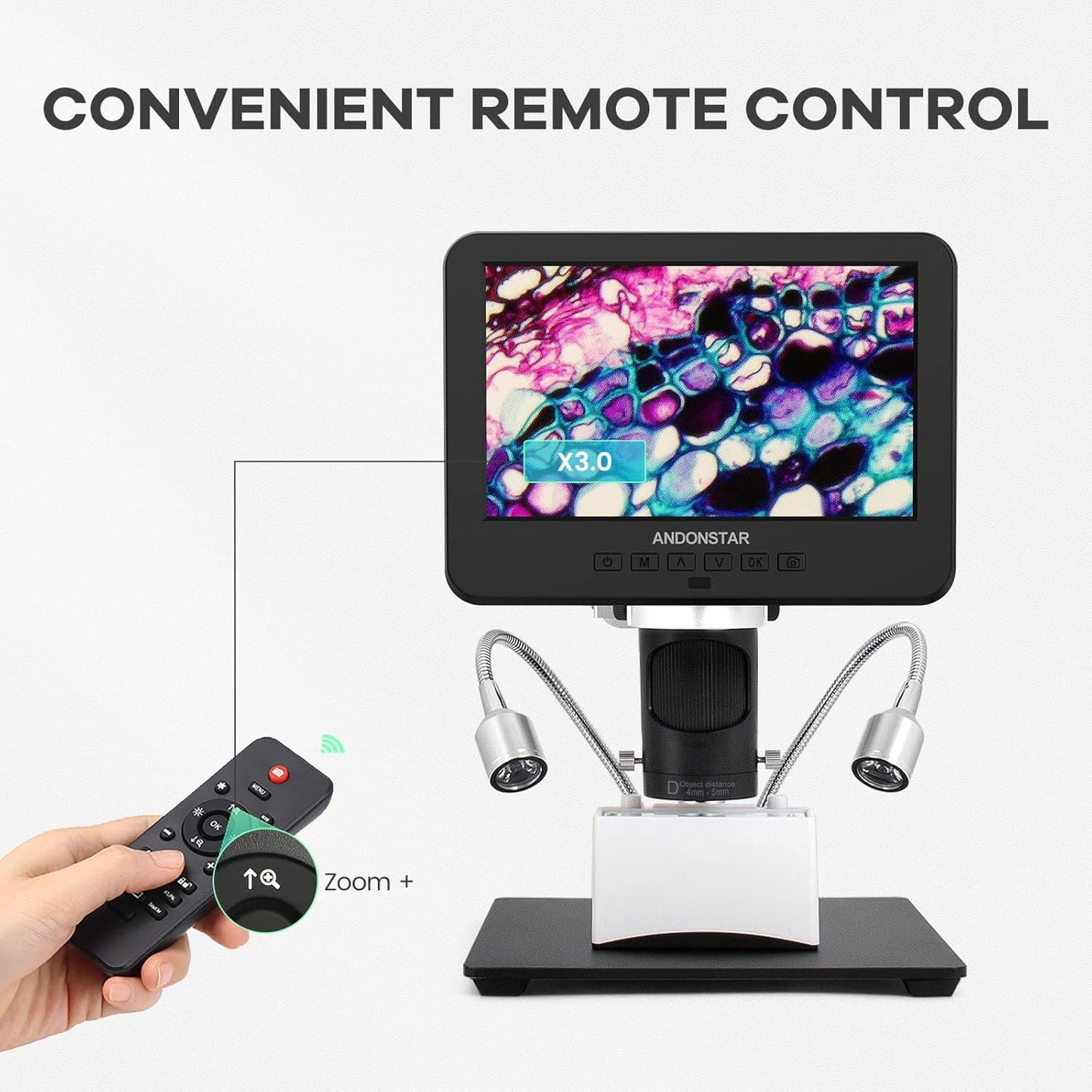 Andonstar AD246S-M HDMI Digital Microscope - 2000x Magnification, 2160P UHD Video, 7-Inch LCD Display, Pro Boom Arm Stand