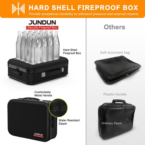 JUNDUN Fireproof Document Box,Hard Case Fireproof Document Organizer with Lock,Home Travel Portable Fireproof Safe Storage Box Case for Letter Size Documents,Files,Papers and Passport,Black
