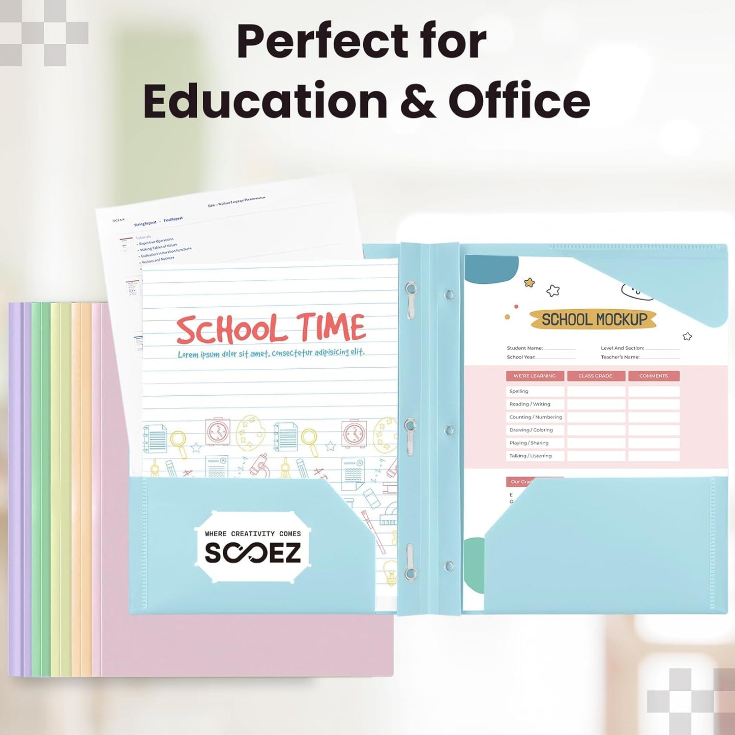 Sooez File Folders - 6 Pack Pastel Colors with Pockets & Prongs | Aesthetic School Supplies