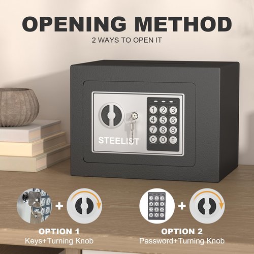 STEELIST Small Safes with Fireproof Bag, 0.23 Cubic Fireproof Safe for Home, Safety Box with Key, Black Digital Security Safes, Fire Proof Safe for Jewelry, Cash, Personal Box for Hotel, Busines