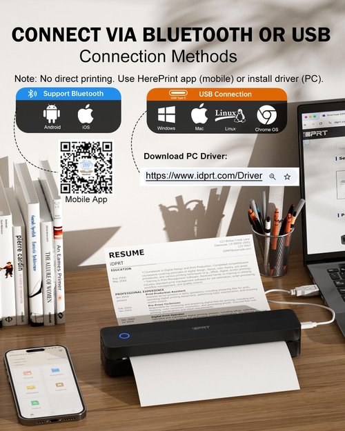 iDPRT Inkless Portable Printer for Travel, 300DPI Wireless Thermal Printer Support 8.5 x 11 Inch US Letter, A4, Small Bluetooth Printers Compatible with iOS, Android Laptop for Office Car Home, Black