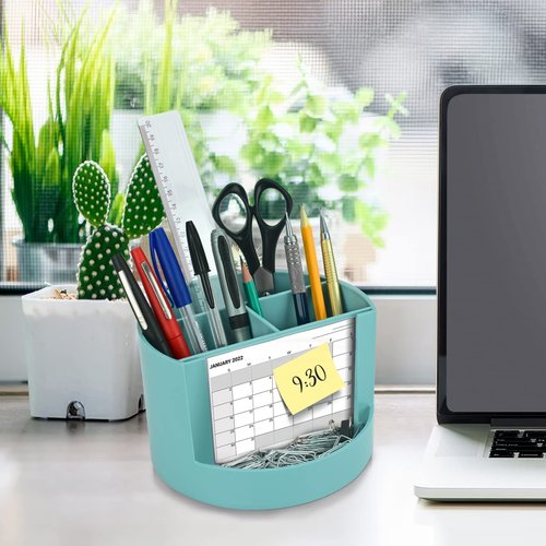 Acrimet Compact Desktop Organizer, 4 Spacious Slots, Round Pencil and Accessories Holder with Photo Slot, Ideal for Office, Art Supplies, Vanity Storage, and Home Organization (Solid Green Plastic)