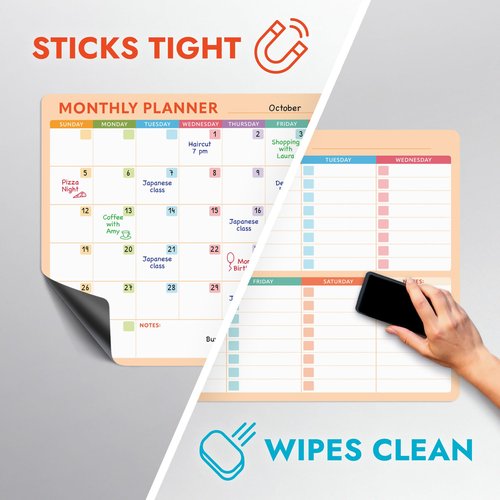 Magnetic Whiteboard Calendar for Fridge – 2-Pack Monthly & Weekly Planners (14”x12”) – Dry Erase Boards with Notes Section, Shaded Dates – Includes 4 Markers & Magnetic Eraser