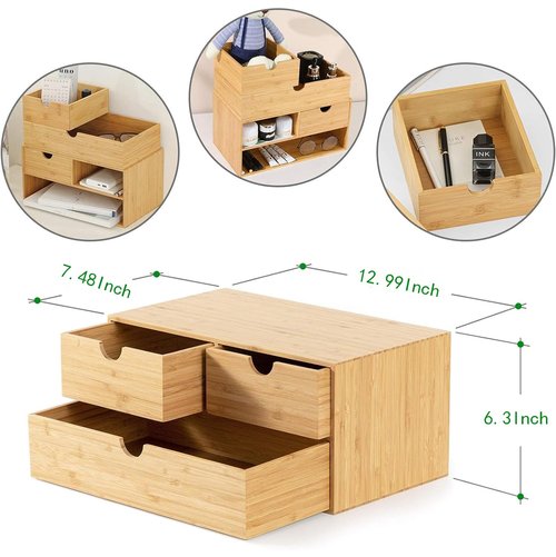 Wisuce Bamboo Desk Organizer - Mini Desktop Drawer Tabletop Storage Organization Box for Office Home Toiletries Supplies, No Assembly Required (3 Drawer)