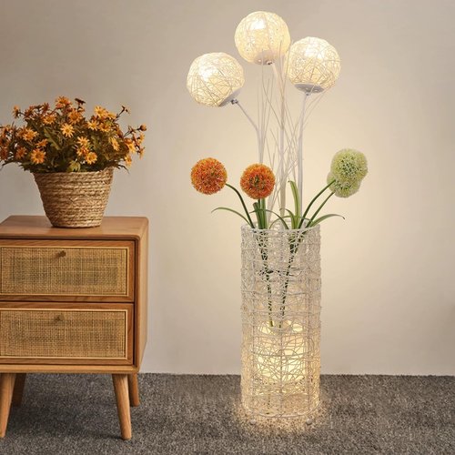 Modern Pastoral LED Floor Lamp: Decorative Hand-Woven Rattan Flower Night Light - Creative Standing Smart Lamp for Reading Living Room Bedroom Tea Room Club