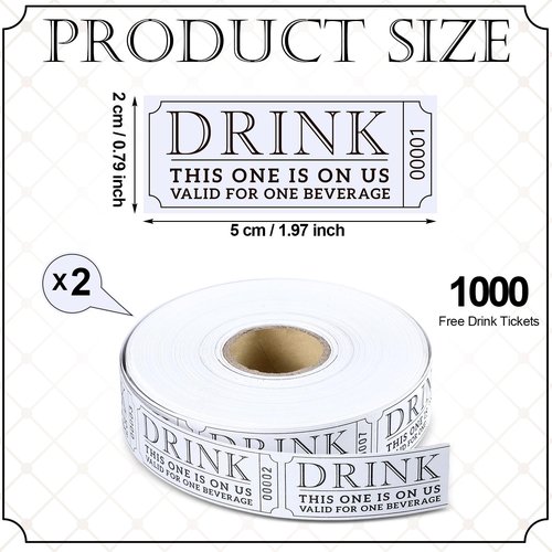 TaoBary 2 Rolls 1000 Pcs Free Drink Ticket Roll Raffle Party Tickets for Events Wedding and Parties(Simple)