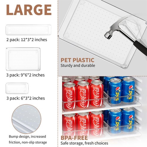 Haivlok 8 Pack Drawer Organizer for Kitchen Gadgets - PET Plastic & Sturdy Large Clear Drawer Divider for Kitchen Accessories, Bathroom Organizers and Storage, Makeup & Desk Organizer Tray for Gift