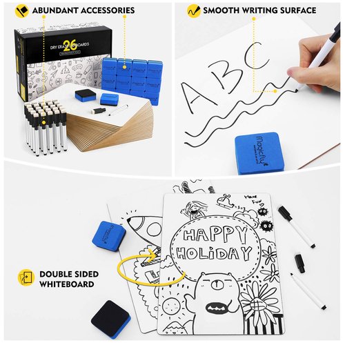 Magicfly Small White Boards, Dry Erase Board Pack of 26, Mini Whiteboards 9x12 Inches Double-Sided White Boards for Students Classroom Teachers School Supplies Office with 32 Pens and 26 Erasers