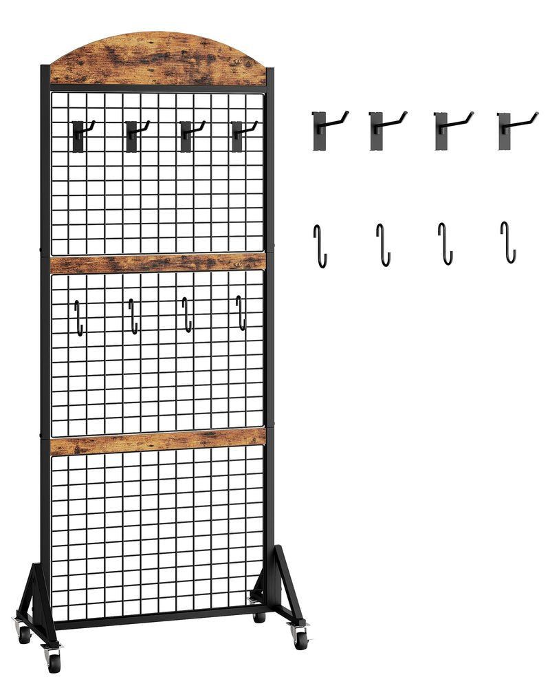 CHOEZON Grid Wall Panel 5.7’ x 2’ FT Grid Display Rack, Movable Gridwall Display Stand with Wheels,Floorstanding Wire Grid Rack with 4 S-Shaped Hooks and 4 Garment Hooks Rustic Brown and Black TCJ17BF