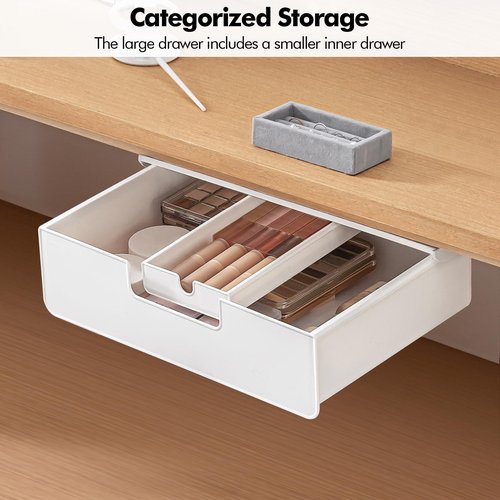 Poeland Under Desk Drawer Organizer, Under Table Slide Out Drawer with Small Drawer Compartment, Hidden Drawer Organizer for Office, Home