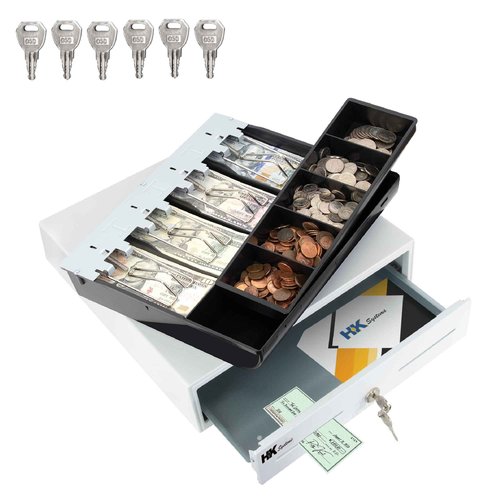HK SYSTEMS 13inch White Heavy Duty POS Interface Cash Drawer with 4Bill/5Coin