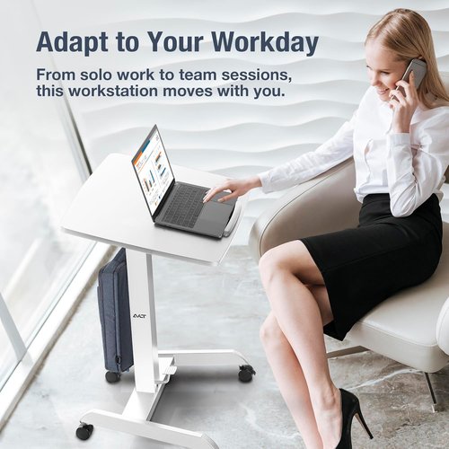 AVLT Height Adjustable Mobile Workstation - Pneumatic Standing Desk Cart with Tilting Desk | 47" White Finish