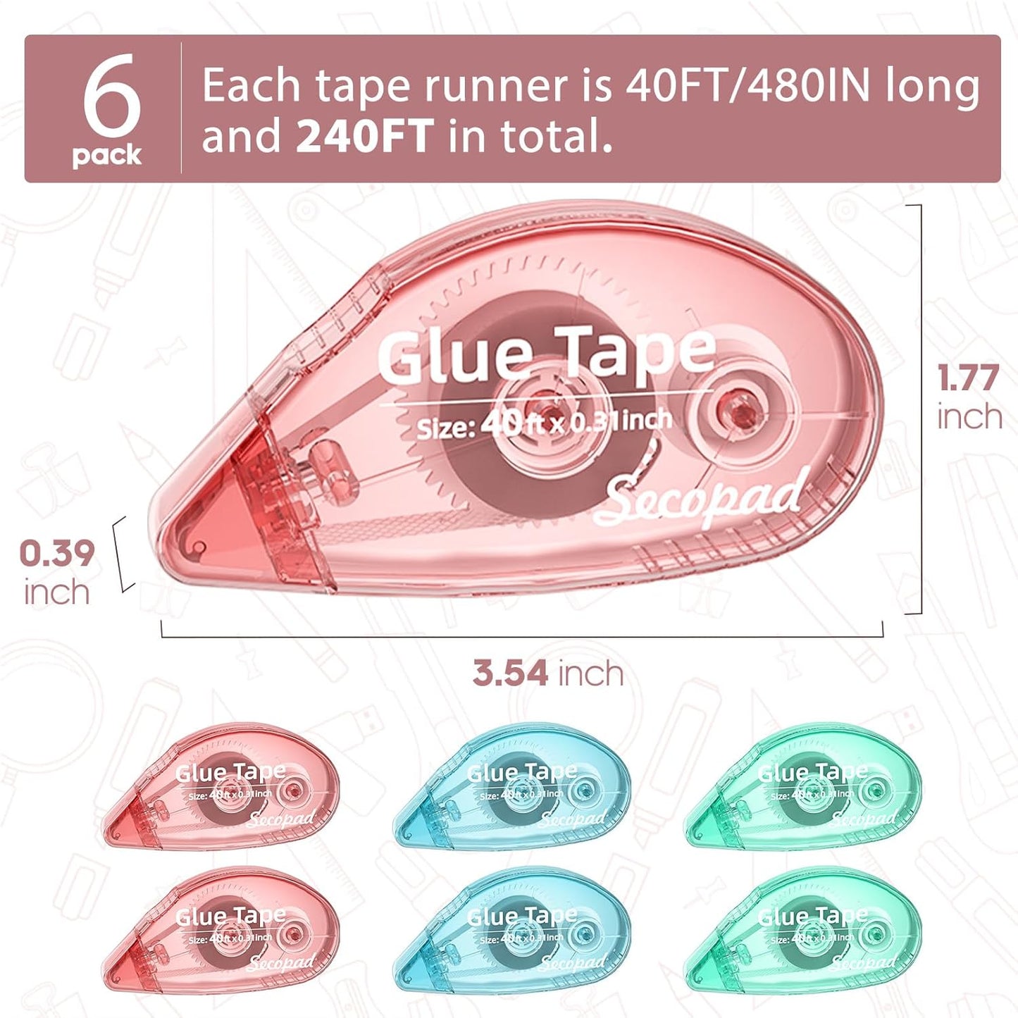 0.3IN x 40FT Scrapbook Tape, 6 Pack Double Sided Tape for Crafts, Adhesive Tape Glue Runner for Scrapbooking Journaling Supplies, Tape Roller for Kids and Adults School Office Supplies